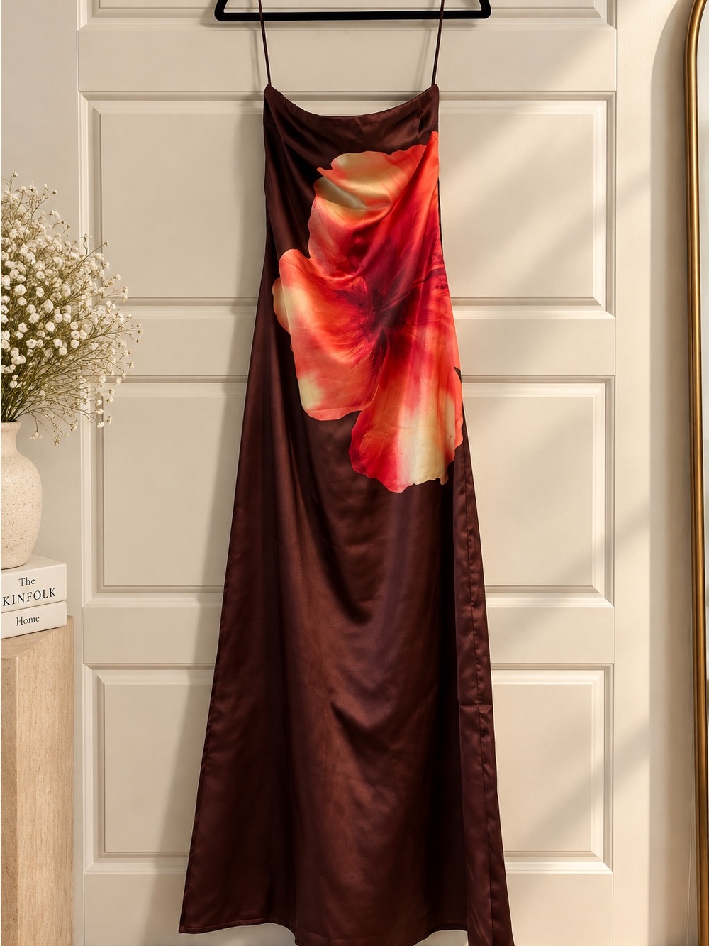 NWT Altar'd State Brown Maxi Slip Dress with Red-Orange Floral